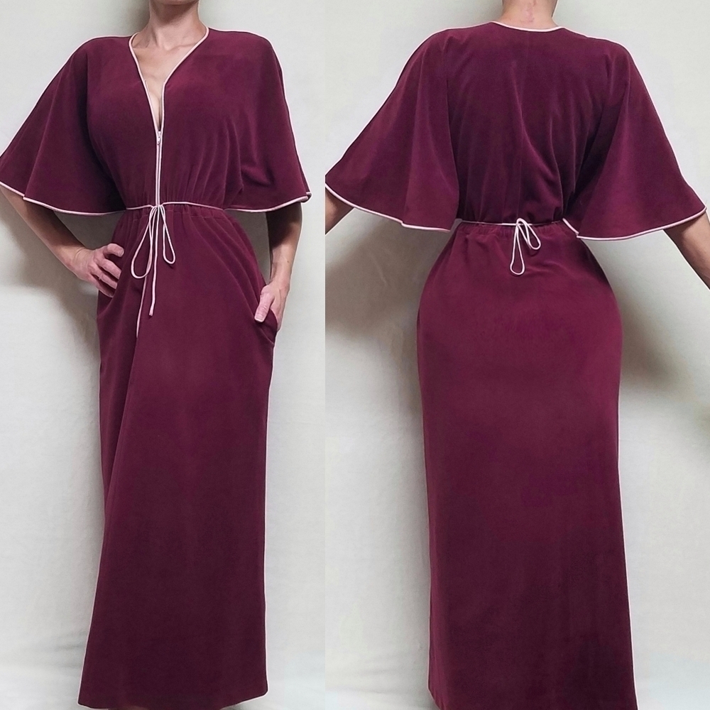 Vintage Vanity Fair Maroon Velour Double Tie-Waist Butterfly Sleeve Maxi Dress M